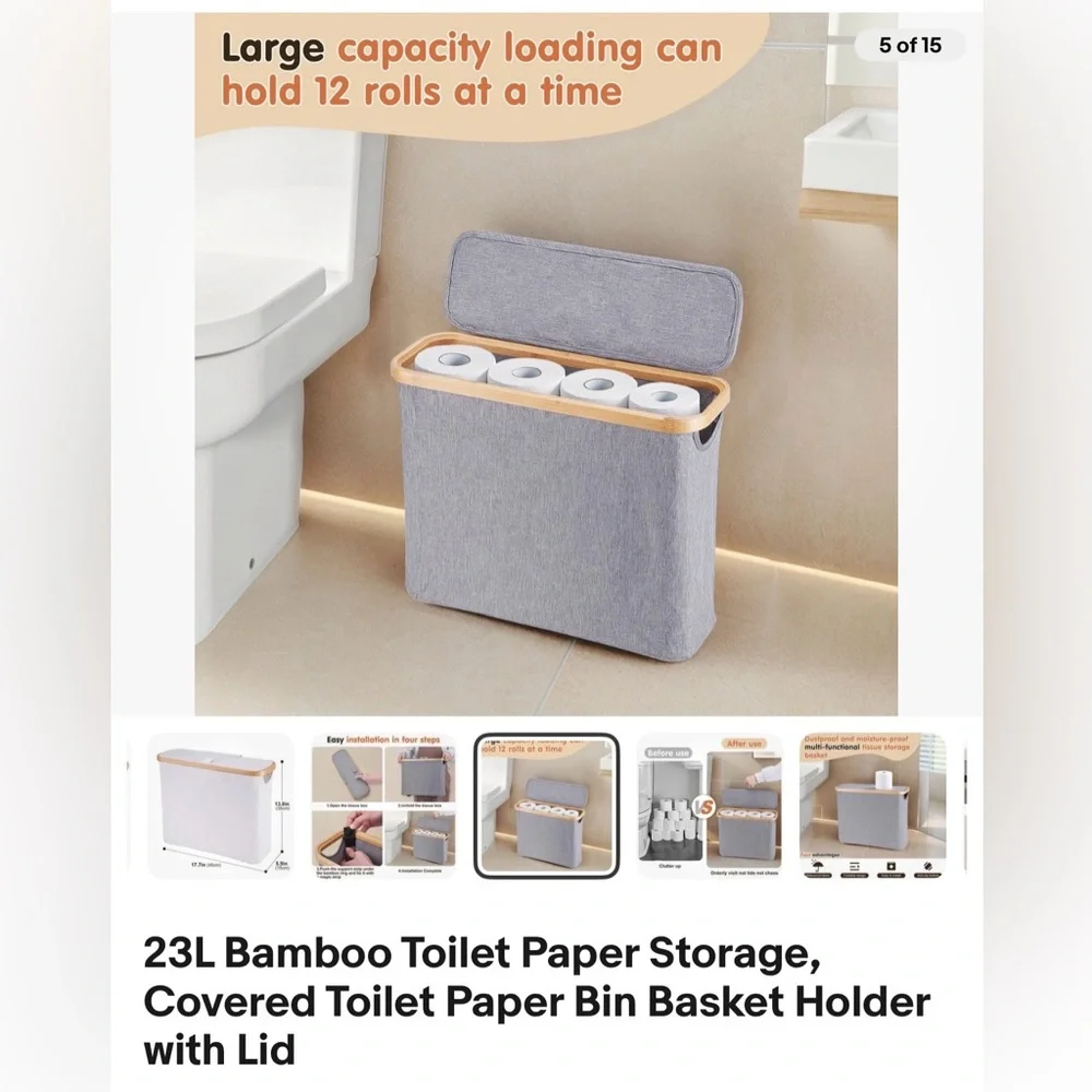 23L Bamboo Toilet Paper Storage, Covered Toilet Paper Bin Basket Holder with Lid